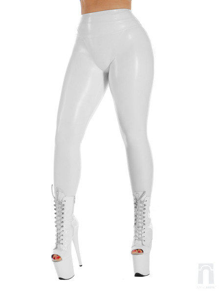 Front view of the Mandy Legging in bonded latex, featuring a high-waist design with seamless front and matte finish. Glossy finish achievable with a shiner.