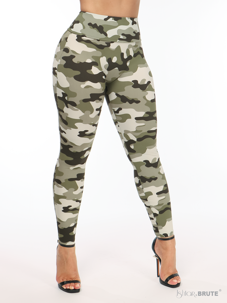 Ishtar & Brute Brandy made to measure Leggings size and length inclusive with green and creme army print, high waist and seamless front and booty fit design