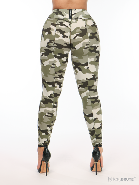 Ishtar & Brute Brandy made to measure Leggings size and length inclusive with green and creme army print, high waist and seamless front and booty fit design