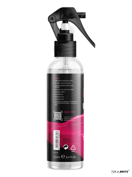 beGloss Perfect Shine Sensitive Care 250ml - Side View Showing Latex Polish Spray Bottle Design