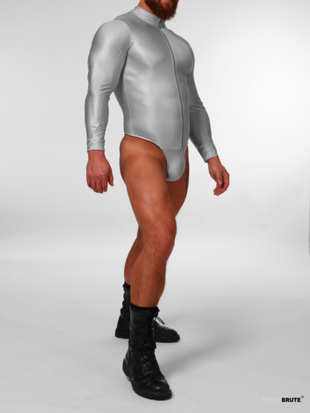 Side view of Lane the male bodysuit in the satin gloss fabric by Ishtar and Brute