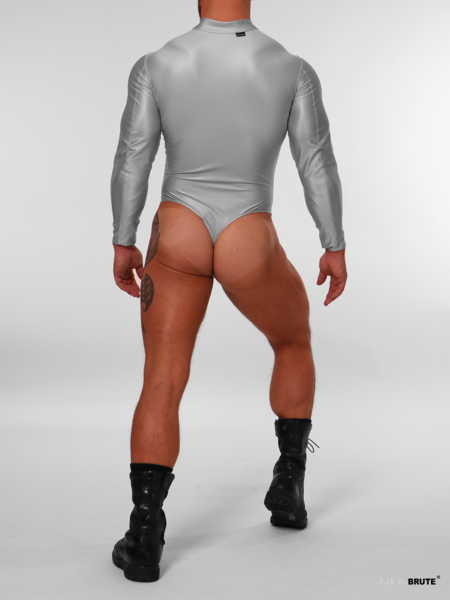 Back view of the Lane bodysuit in the satin gloss fabric, showcasing the thong back made by Ishtar and Brute 