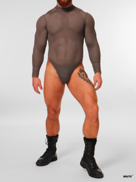 The front view of the grey eyelet mesh bodysuit by Ishtar and brute