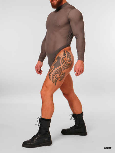 Left side view of the high leg cut in the Lane mesh bodysuit