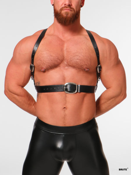 Dean Body Harness in genuine cow neck leather, front view, with adjustable buckles and heavy-duty hardware.