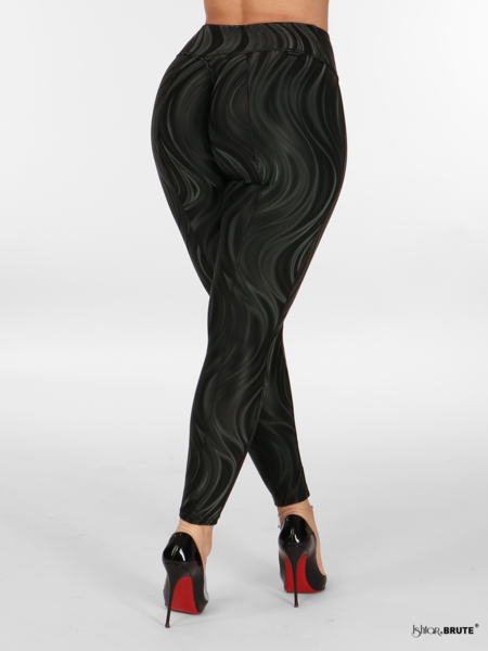Back view of the Flora Legging in black PU fabric with a 3D wave print, showcasing the V-back waistband and contouring back leg seams with a semi-shine and silky shine finish.