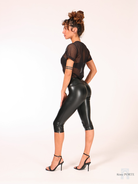 front closer view of the faux leather high waisted capri leggings