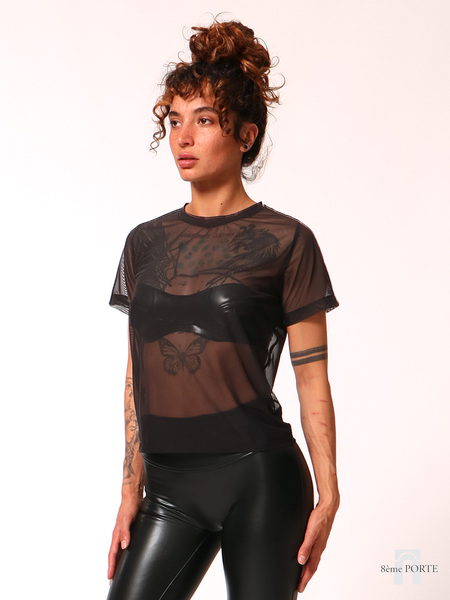 Close-up front view of the 8ÈME PORTE loose fit black mesh t-shirt showing fabric texture and neckline details.