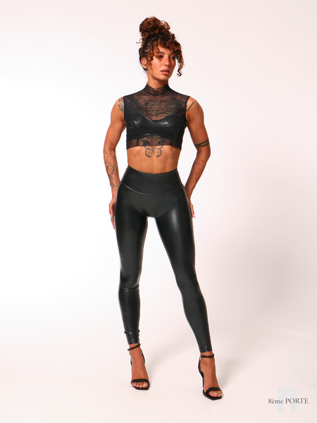 Front view of Ishtar and Brute custom-fit black high-waisted leggings featuring a broad, supportive waistband and clean front silhouette.