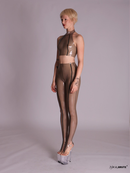 Left side view of the high waist latex toe thong tights in transparent cloud grey, showcasing the sleek fit and the black vertical stripe detailing on the leg.